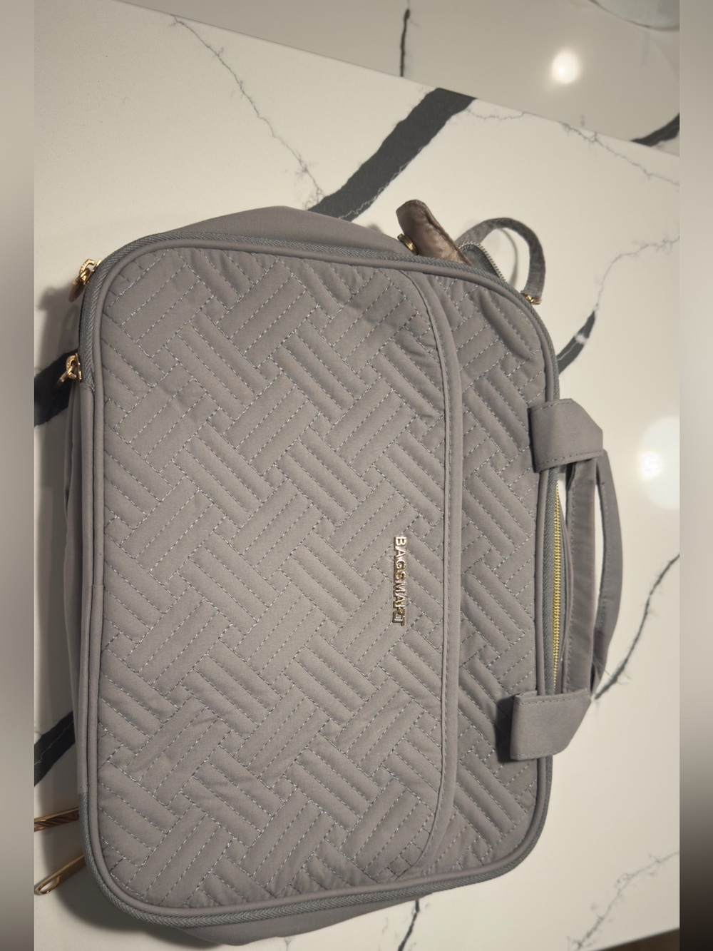 Baggallini Quilted Light Gray Laptop Bag with Gold Logo